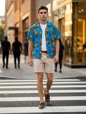 Blue Hawaii Men's Shirt M Graphic Print‎ Short Sleeve Casual pineapple Vintage